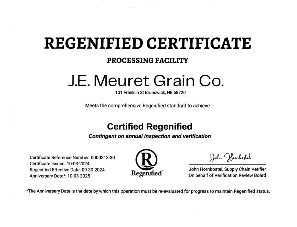 JE Meuret Grain Co, Regenified Certificate